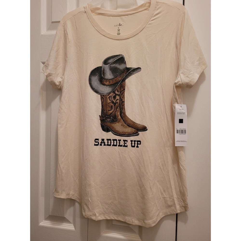 Saddle Up Cowboy Boots Women T-Shirt Tan Western Flair Country Concert Size L